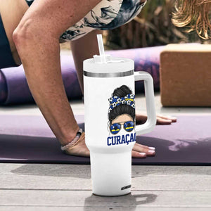 Curacao Soccer Messy Bun Girl Tumbler With Handle Proud Curacaoan Heritage Gift