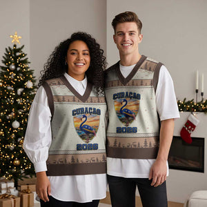 Funny Curacao Flamingo Soccer Lover V-Neck Knit Sweater Vest Caribbean Island Gift