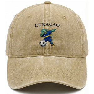 Funny Dabbing Sea Turtle Curaçao Soccer Fan Washed Cotton Baseball Cap Caribbean Pride Graphic