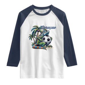Funny Curaçao Iguana Soccer Fan Raglan Shirt Caribbean Pride Football Graphic