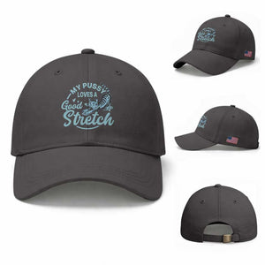 Adult Humor Cat Baseball Cap My Pussy Loves A Good Stretch TS12 Baseball Cap Universal Fit Dark Gray Print Your Wear