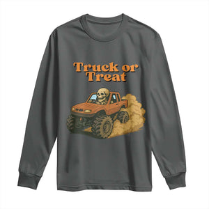 Truck Or Treat Skeleton Racing Long Sleeve Shirt Funny Halloween Truck Lover TS12 Dark Heather Print Your Wear