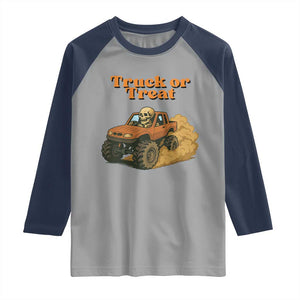 Truck Or Treat Skeleton Racing Raglan Shirt Funny Halloween Truck Lover TS12 Sport Gray Navy Print Your Wear