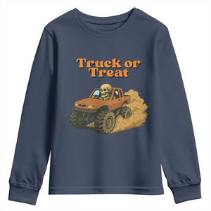 Truck Or Treat Skeleton Racing Youth Sweatshirt Funny Halloween Truck Lover TS12 Navy Print Your Wear