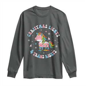 Christmas Lights And Trans Rights Long Sleeve Shirt Magical Unicorn Pride TS12 Dark Heather Print Your Wear