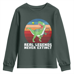 Retro Dinosaur Tennis Player Youth Sweatshirt Real Legends Never Extinct TS12 Dark Forest Green Print Your Wear