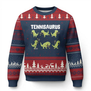 Funny Prehistoric Dinosaur Tennis Player Ugly Christmas Sweater Gift For Tennis Fans TS12 Navy Red Print Your Wear