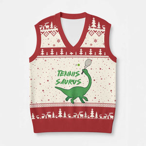 Funny Tennis Dinosaur Tennis Lover V-Neck Knit Sweater Vest Gift For Tennis Fans TS12 Beige Red Print Your Wear