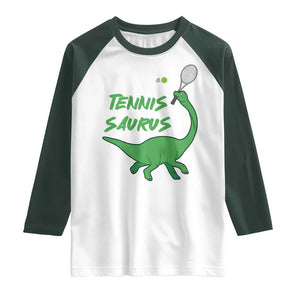 Funny Tennis Dinosaur Tennis Lover Raglan Shirt Gift For Tennis Fans TS12 White Dark Forest Green Print Your Wear
