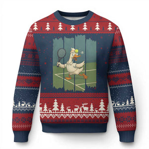 Silly Goose Playing Tennis Ugly Christmas Sweater Funny Bird Getting Hit By Ball TS12 Navy Red Print Your Wear