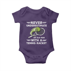 Never Underestimate An Old Man With A Tennis Racket Baby Onesie Funny Tennis Fan TS12 Purple Print Your Wear