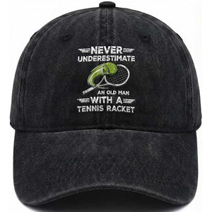 Never Underestimate An Old Man With A Tennis Racket Washed Cotton Baseball Cap Funny Tennis Fan TS12 Print Your Wear