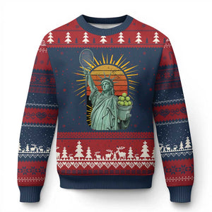 Funny Statue Of Liberty Tennis Player Ugly Christmas Sweater Patriotic Sports Lover TS12 Navy Red Print Your Wear