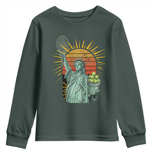 Funny Statue Of Liberty Tennis Player Youth Sweatshirt Patriotic Sports Lover TS12 Dark Forest Green Print Your Wear