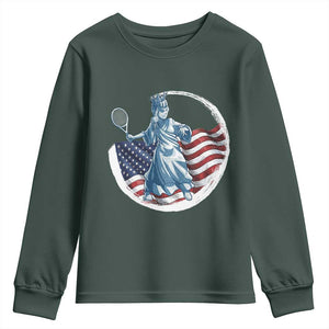 Funny Statue Of Liberty Tennis Player Youth Sweatshirt USA Pride Female Tennis Gift TS12 Dark Forest Green Print Your Wear