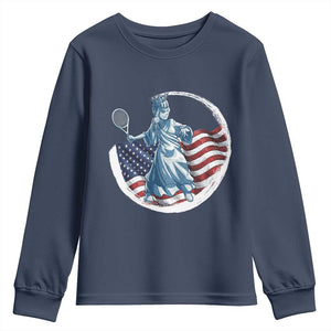 Funny Statue Of Liberty Tennis Player Youth Sweatshirt USA Pride Female Tennis Gift TS12 Navy Print Your Wear