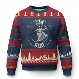 Christian Tennis Funny Gift For Believers Ugly Christmas Sweater Jesus Serves TS12 Navy Red Print Your Wear