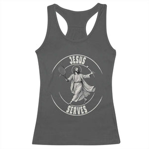 Christian Tennis Funny Gift For Believers Racerback Tank Top Jesus Serves TS12 Dark Heather Print Your Wear