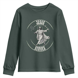 Christian Tennis Funny Gift For Believers Youth Sweatshirt Jesus Serves TS12 Dark Forest Green Print Your Wear