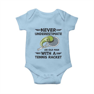 Funny Tennis Quote Baby Onesie Never Underestimate An Old Man With A Tennis Racket TS12 Light Blue Print Your Wear