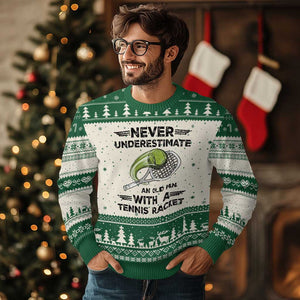 Funny Tennis Quote Ugly Christmas Sweater Never Underestimate An Old Man With A Tennis Racket TS12 Beige Green Print Your Wear