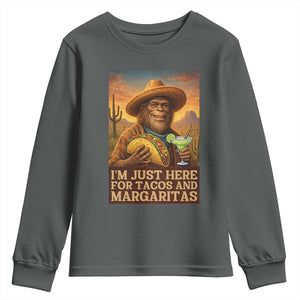 Funny El Squatcho Cinco De Mayo Youth Sweatshirt Just Here For Tacos And Margaritas TS12 Dark Heather Print Your Wear