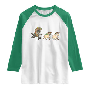 Funny Mexican Fiesta Gift Raglan Shirt Chupacabra Chasing Taco Goat TS12 White Kelly Green Print Your Wear