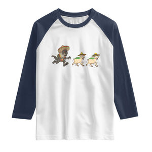 Funny Mexican Fiesta Gift Raglan Shirt Chupacabra Chasing Taco Goat TS12 White Navy Print Your Wear
