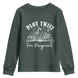 Pregnancy Announcement For Book Lovers Youth Sweatshirt Plot Twist I Am Pregnant TS12 Dark Forest Green Print Your Wear