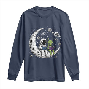 Funny Bookworm In Space Long Sleeve Shirt Cute Astronaut And Alien Reading TS12 Navy Print Your Wear