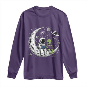 Funny Bookworm In Space Long Sleeve Shirt Cute Astronaut And Alien Reading TS12 Purple Print Your Wear