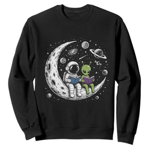 Funny Bookworm In Space Sweatshirt Cute Astronaut And Alien Reading TS12 Black Print Your Wear