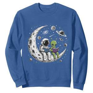 Funny Bookworm In Space Sweatshirt Cute Astronaut And Alien Reading TS12 Royal Blue Print Your Wear