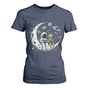 Funny Bookworm In Space T Shirt For Women Cute Astronaut And Alien Reading TS12 Navy Print Your Wear
