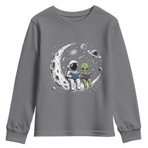 Funny Bookworm In Space Youth Sweatshirt Cute Astronaut And Alien Reading TS12 Charcoal Print Your Wear