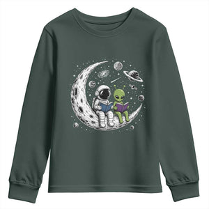 Funny Bookworm In Space Youth Sweatshirt Cute Astronaut And Alien Reading TS12 Dark Forest Green Print Your Wear
