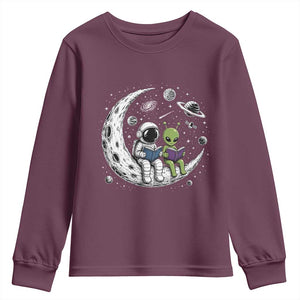 Funny Bookworm In Space Youth Sweatshirt Cute Astronaut And Alien Reading TS12 Maroon Print Your Wear