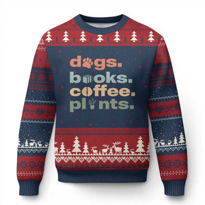 Funny Introvert Life Lover Ugly Christmas Sweater Dogs Books Coffee And Plants TS12 Navy Red Print Your Wear