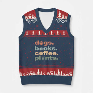 Funny Introvert Life Lover V-Neck Knit Sweater Vest Dogs Books Coffee And Plants TS12 Navy Red Print Your Wear