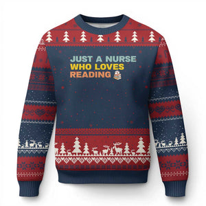 Just A Nurse Who Loves Reading Ugly Christmas Sweater Bookish Nurse Gift TS12 Navy Red Print Your Wear
