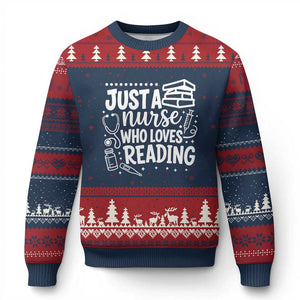 Just A Nurse Who Loves Reading Ugly Christmas Sweater Funny Medical Bookworm Gift TS12 Navy Red Print Your Wear