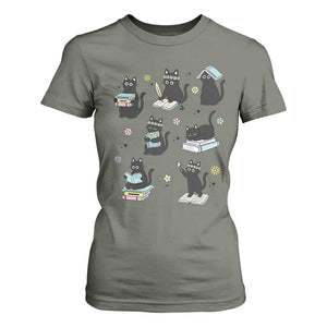 Bookish Black Cat T Shirt For Women Funny Librarian Cat Lover Gift TS12 Military Green Print Your Wear