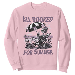 Funny Skeleton Reading At The Beach Sweatshirt All Booked For Summer TS12 Light Pink Print Your Wear