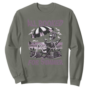 Funny Skeleton Reading At The Beach Sweatshirt All Booked For Summer TS12 Military Green Print Your Wear