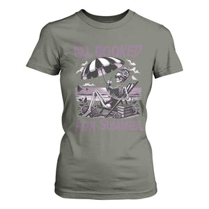 Funny Skeleton Reading At The Beach T Shirt For Women All Booked For Summer TS12 Military Green Print Your Wear