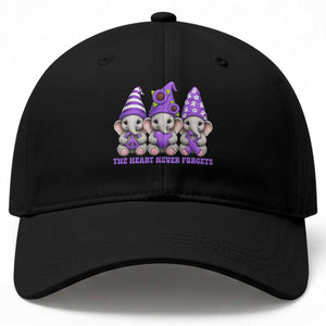 Cute Elephant Gnome Purple Ribbon Alzheimer's Support Baseball Cap The Heart Never Forgets