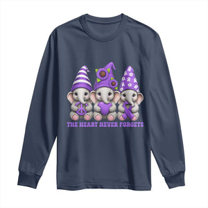 Cute Elephant Gnome Purple Ribbon Alzheimer's Support Long Sleeve Shirt The Heart Never Forgets
