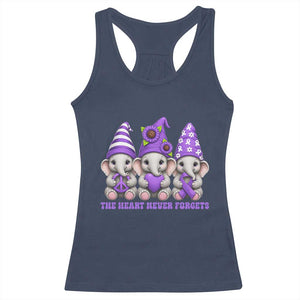 Cute Elephant Gnome Purple Ribbon Alzheimer's Support Racerback Tank Top The Heart Never Forgets