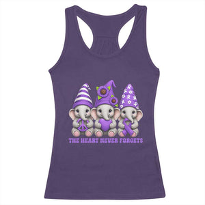Cute Elephant Gnome Purple Ribbon Alzheimer's Support Racerback Tank Top The Heart Never Forgets