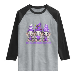 Cute Elephant Gnome Purple Ribbon Alzheimer's Support Raglan Shirt The Heart Never Forgets
